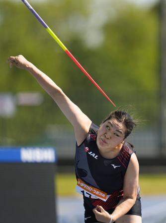 女子やり投げ　６１メートル８３で優勝した北口榛花＝ケーズデンキスタジアム水戸（共同）