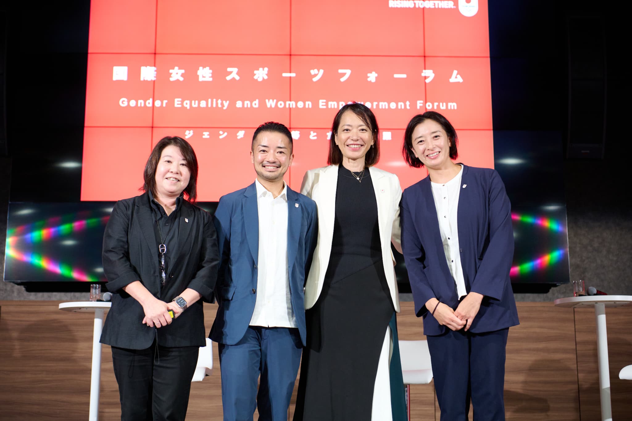 パネルディスカッションに登壇した來田享子JOC理事、杉山文野JOC理事、一般社団法人SDGs in Sportの井本直歩子代表理事、一般社団法人スポーツを止めるなの伊藤華英代表理事（写真：アフロスポーツ）