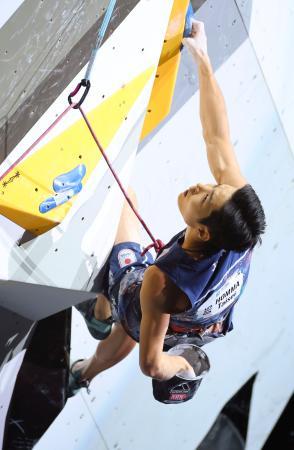 男子リード決勝　課題に挑む本間大晴。銅メダルを獲得した＝ソウル（共同）